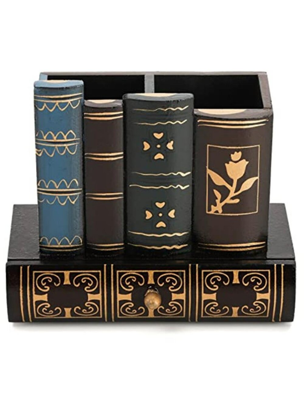Decorative Pen Holder with Storage Drawer, Wooden Pencil Holder